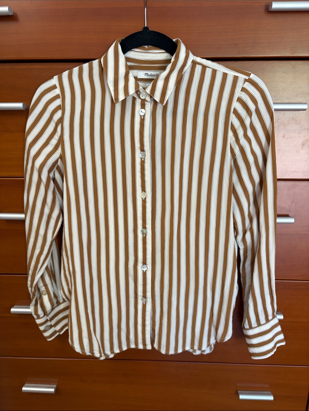 Madewell Relaxed Fit Brown and White Vertical Stripe Button-Up Shirt